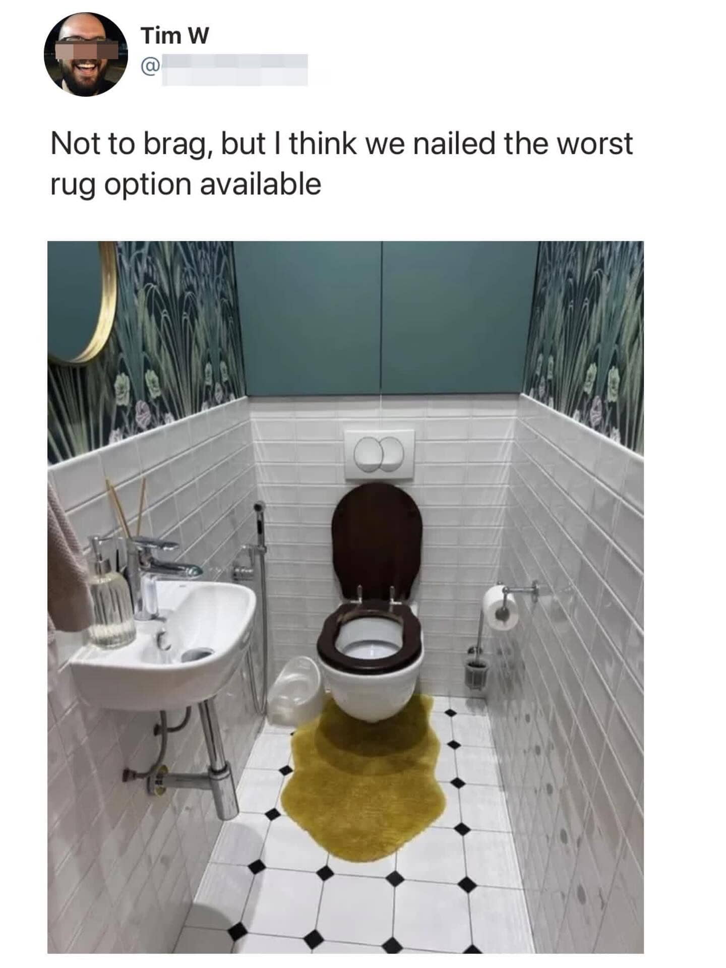 Funny memes post showing a bathroom with a rug that looks like a large urine stain.