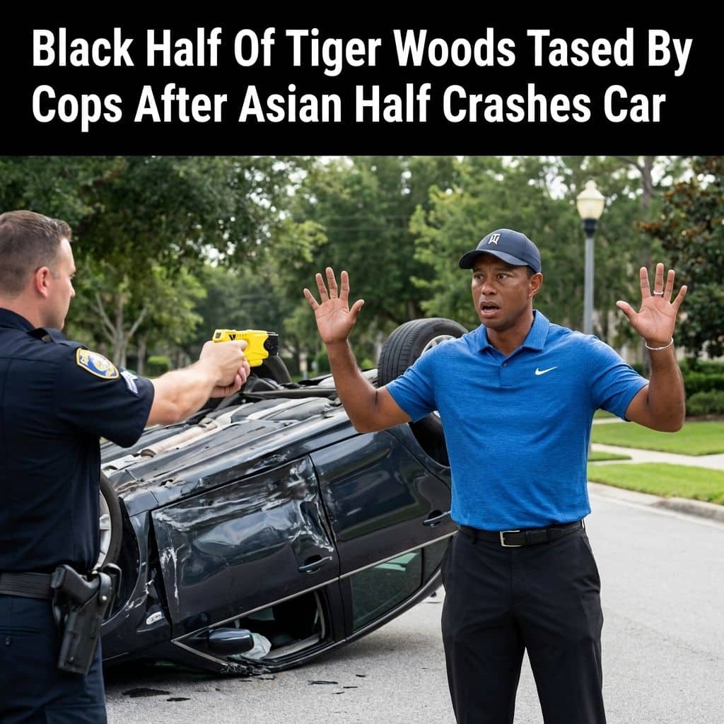 Satirical news headline about Tiger Woods featuring an image of him being detained by police.