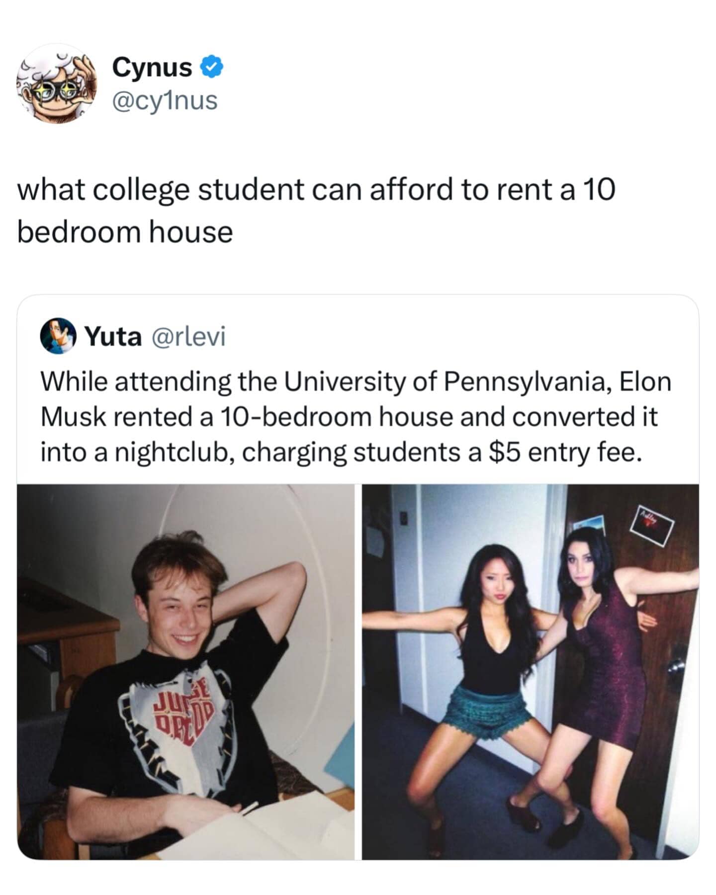 Social media thread discussing a young Elon Musk renting a large house to run a nightclub.