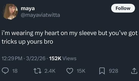 Social media post about wearing a heart on a sleeve while others have tricks up theirs.