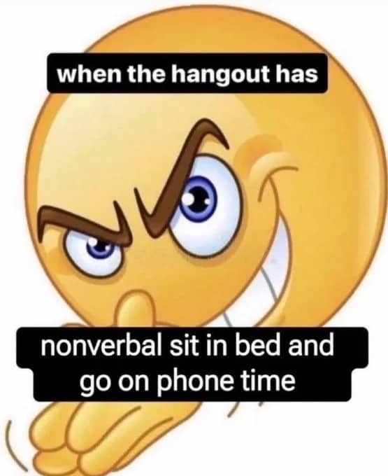 Grinning emoji meme about friends hanging out together while sitting in bed silently on their phones.