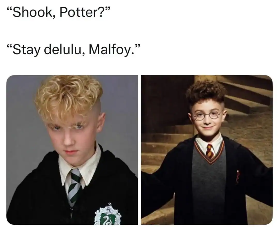 Harry Potter HBO remake meme with new young cast using Gen Z slang like "stay delulu Malfoy"