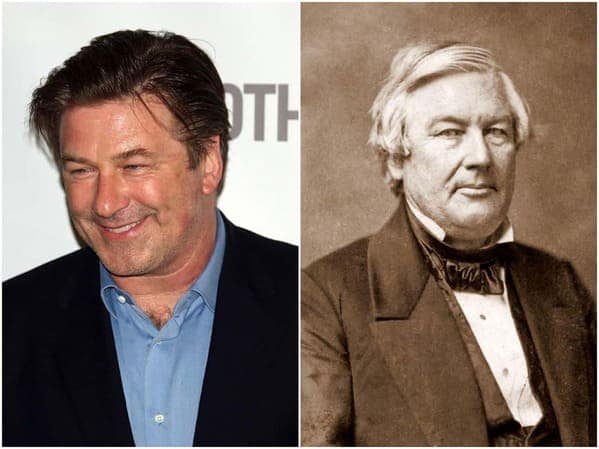 striking historical celebrity doppelganger side-by-side of actor Alec Baldwin and the 13th U.S. President, Millard Fillmore, showing an uncanny match in their facial structure and hairline.