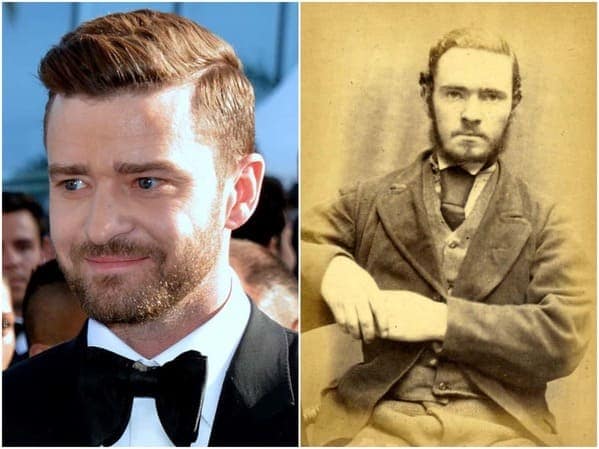 A curious historical celebrity doppelganger comparison featuring pop star Justin Timberlake next to a 19th-century sepia photograph of a man with a matching beard, suit, and intense stare.