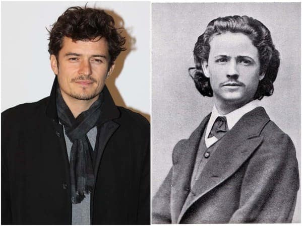 An incredible historical celebrity doppelganger pairing of actor Orlando Bloom and Romanian painter Nicolae Grigorescu, highlighting their identical eyes, mustache, and wavy hair.