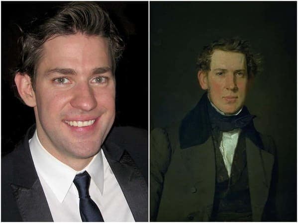 historical celebrity doppelganger split-screen showing actor John Krasinski and an early 19th-century oil portrait of a man with a remarkably similar nose and friendly expression.