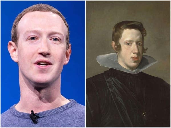 viral historical celebrity doppelganger comparison between Meta CEO Mark Zuckerberg and a 17th-century painting of King Philip IV of Spain, focusing on their shared long faces and prominent noses.