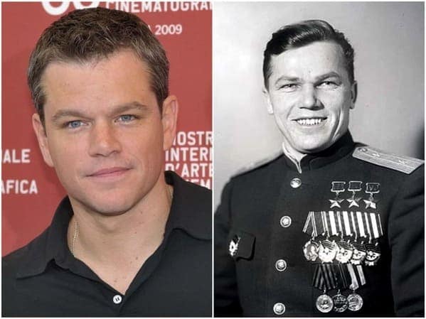 A historical celebrity doppelganger side-by-side showing actor Matt Damon next to a black-and-white photo of a decorated Soviet officer, both sharing a very specific, confident grin.