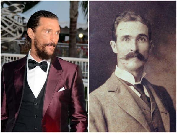 A side-by-side historical celebrity doppelganger image showing actor Matthew McConaughey in a tuxedo next to a vintage 19th-century photograph of a man with a thick, matching mustache and sharp gaze.