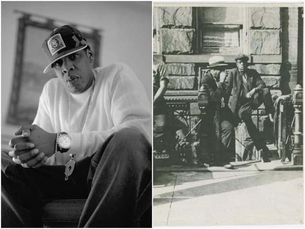 A black-and-white historical celebrity doppelganger comparison between rapper Jay-Z and a man photographed on a stoop in Harlem in 1939, showcasing an uncanny resemblance in their profiles.