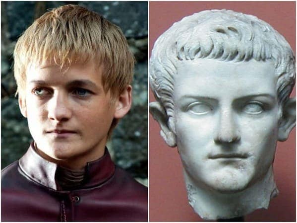 A historical celebrity doppelganger pairing of actor Jack Gleeson as Joffrey Baratheon next to a marble bust of the Roman Emperor Caligula, highlighting their similar hairstyles and defiant expressions.