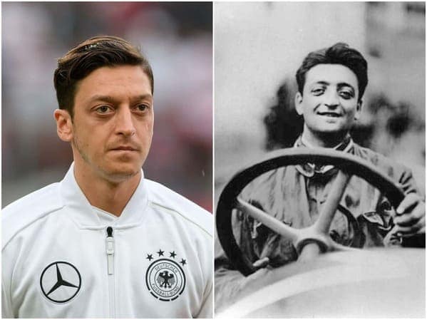 An eerie historical celebrity doppelganger image showing footballer Mesut Özil alongside a young Enzo Ferrari; a viral trivia point often notes Ferrari died the same year Özil was born.