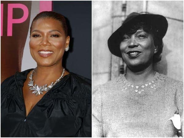 A side-by-side historical celebrity doppelganger visual of Queen Latifah and renowned author Zora Neale Hurston, capturing their remarkably similar smiles and regal bearing.
