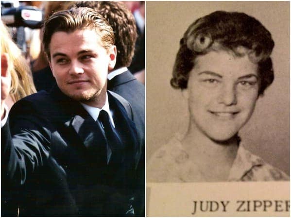 viral historical celebrity doppelganger comparison between a young Leonardo DiCaprio and a 1960s high school yearbook photo of a girl named Judy Zipper, who share the exact same face.