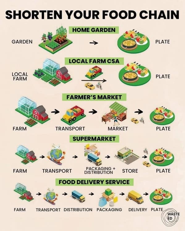 sustainability food fact diagram titled "Shorten Your Food Chain." It visualizes the logistical steps from farm to plate, contrasting the direct path of a Home Garden against the complex, multi-step transport and packaging involved in a Food Delivery Service.