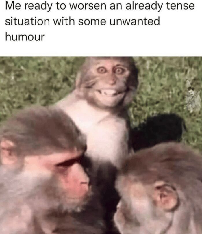 A relatable introvert meme featuring a wide-eyed monkey with a manic, toothy grin peering between two other monkeys. The text reads: "Me ready to worsen an already tense situation with some unwanted humour."