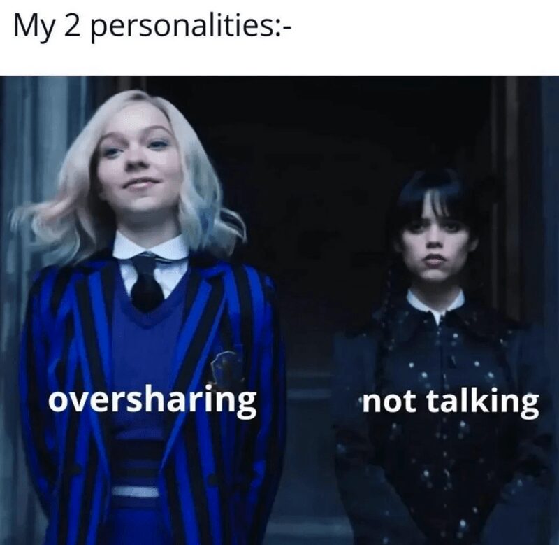 A pop-culture introvert meme featuring Enid and Wednesday from the show Wednesday. Enid (smiling) is labeled "oversharing," while Wednesday (stoic) is labeled "not talking." The header says: "My 2 personalities:-".