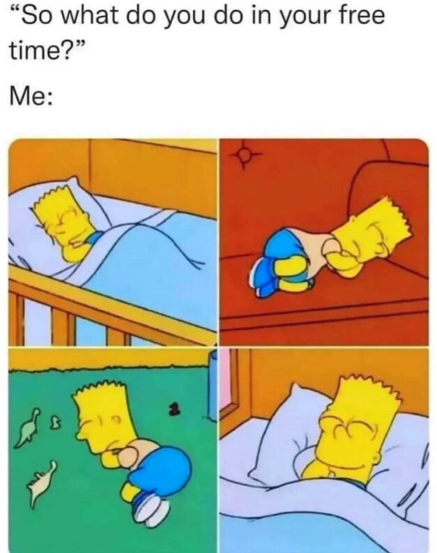 A four-panel funny introvert meme showing various clips of Bart Simpson sleeping—in a crib, on a couch, on the floor with dinosaurs, and in bed. The top text asks, "So what do you do in your free time?" and the answer is simply "Me:".