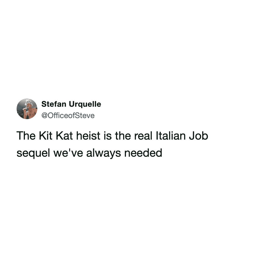 A "logistics" KitKat heist meme from Stacey Vanek Smith. The tweet poses a multiple-choice question for the thieves, asking if they plan to sell on the black market, stash the chocolate in a doomsday bunker, or if they simply "did not fully think this through."
