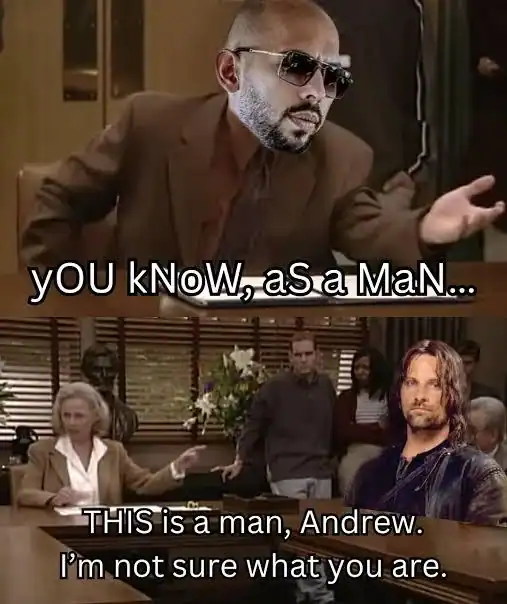 A sharp-witted lotr meme using a courtroom drama format. Andrew Tate’s face is edited onto a man saying "yOU kNoW, as a MaN..." while a woman (with Aragorn's face edited onto the prosecutor) points and says: "THIS is a man, Andrew. I’m not sure what you are."