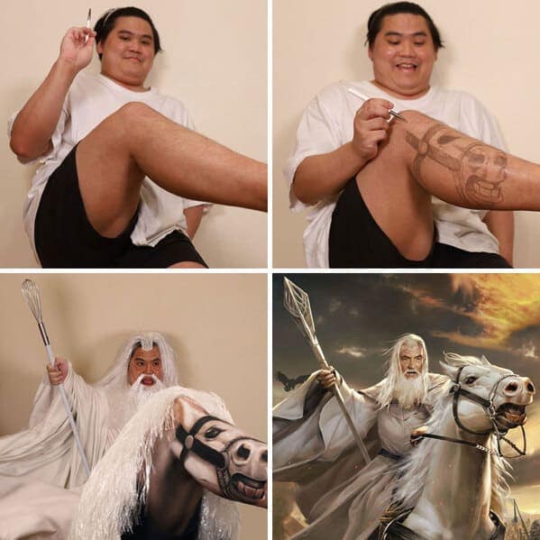 low cost cosplay guy creation in a four-panel grid. He starts by raising his bare leg and drawing a realistic horse face on his shin. The final panel shows him as Gandalf the White, holding a kitchen whisk as a staff, riding his "leg-horse" Shadowfax.