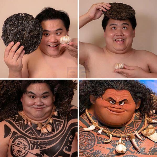 low cost cosplay guy masterpiece of Maui from Moana. He uses dried seaweed for hair and individual cloves of garlic tied together for the necklace, while painting intricate black tribal tattoos across his chest.