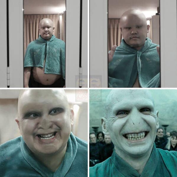 4-panel low cost cosplay guy take on Lord Voldemort. He wraps a green towel around his neck and presses his nose against a glass window to flatten it, using dark eyeshadow and a wide, toothy grin to mimic the Dark Lord’s noseless appearance.