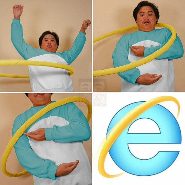 brilliant low cost cosplay guy recreation of the Internet Explorer logo. Wearing a white and light-blue sweatshirt, he uses a yellow hula hoop held at a specific angle to represent the yellow orbital ring around the blue lowercase "e."