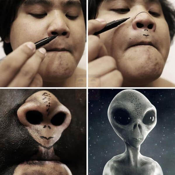 uncanny low cost cosplay guy grid where he uses his own nose to portray a "Grey Alien." By drawing a small mouth under his nostrils and tilting his head back, his nose becomes the elongated head and large black eyes of the extraterrestrial.