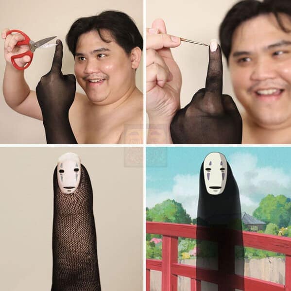 A clever low cost cosplay guy miniature cosplay of No-Face from Spirited Away. He covers his middle finger with a black mesh stocking and paints a tiny version of the character's mask on his fingernail.