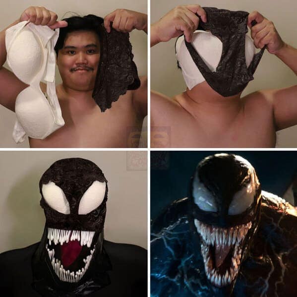 A "cursed" but brilliant low cost cosplay guy take on Venom. He uses a white bra as the symbiote's massive eyes and drapes black lace underwear over his face for the mask. Q-tips serve as the rows of jagged teeth, completing the terrifying Marvel transformation.