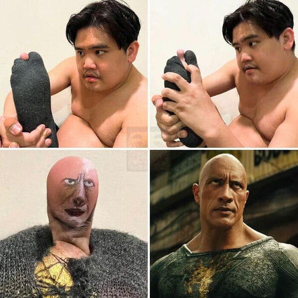 low cost cosplay guy's most famous "body-part" tricks. He pulls a black sock over his heel and draws a tiny, furrowed brow on his skin. When viewed at the right angle, his foot transforms into an uncanny, hyper-realistic version of Dwayne "The Rock" Johnson as Black Adam.