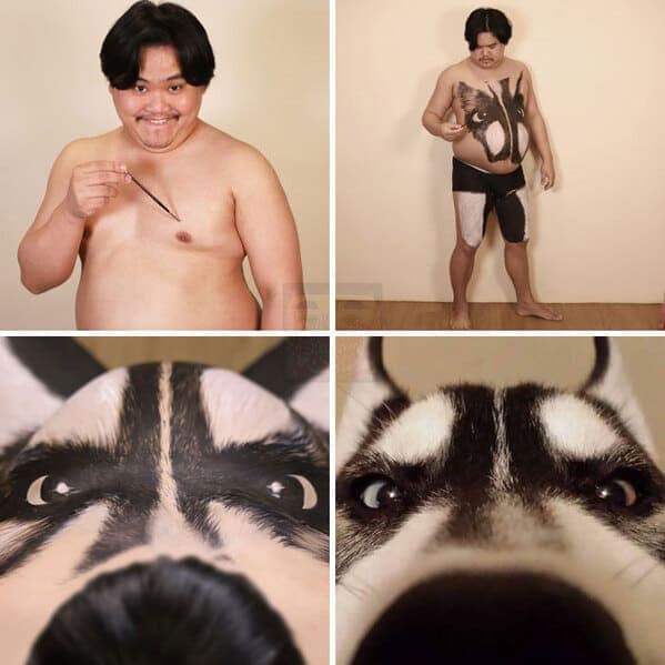 perspective-warping low cost cosplay guy grid. He paints a Husky dog’s face across his chest and stomach. The final extreme close-up panel makes his belly look like a dog’s wet nose and snout, perfectly mimicking a viral "dog nose" photo.