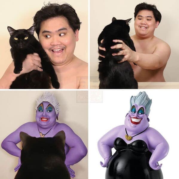 legendary low cost cosplay guy transformation into Ursula from The Little Mermaid. He paints his skin purple and uses white clay for hair, but the kicker is using his black cat’s backside as the base of Ursula’s dress, creating the illusion of her round, dark body.