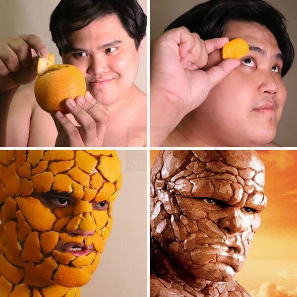 high-effort low cost cosplay guy grid where he turns into The Thing from Fantastic Four. He meticulously glues dozens of dried orange peels to his face and neck, perfectly capturing the orange, rocky texture of Ben Grimm’s skin.