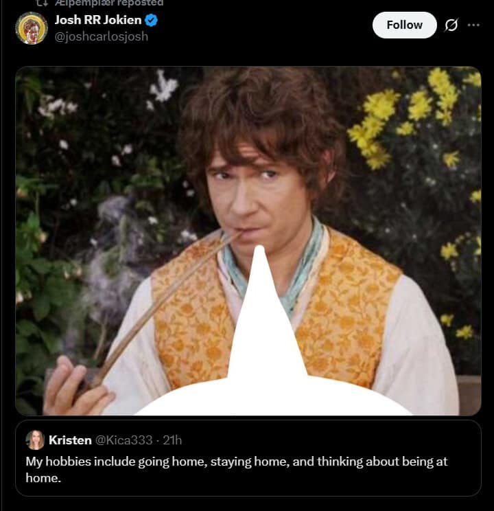 A funny memes quote-tweet that perfectly captures the introvert lifestyle. Above a tweet stating that the user's only hobbies are "going home, staying home, and thinking about home," is a picture of Bilbo Baggins looking contemplative and ready to return to the Shire.