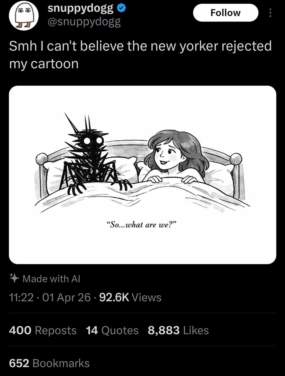 A funny memes illustration in the style of a New Yorker cartoon showing a woman in bed with a jagged, shadowy, spiked void monster. The creature looks at her with glowing white eyes and asks the dreaded relationship question: "So... what are we?"