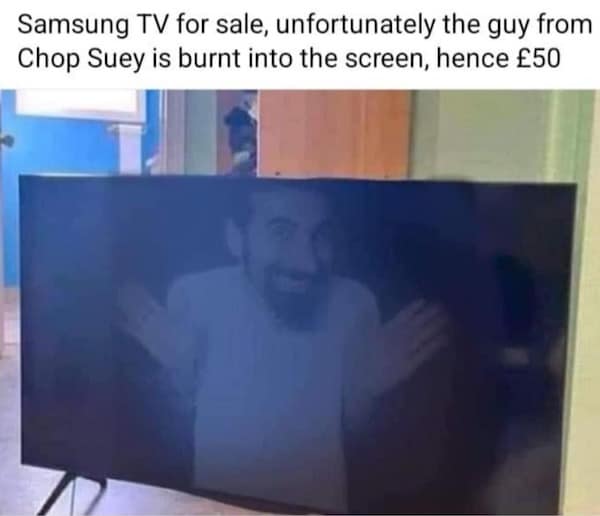 A funny meme showing a marketplace listing for a used Samsung TV. The seller notes that the TV is only £50 because a high-contrast image of the lead singer from System of a Down is permanently "burnt into the screen," making the "Chop Suey!" music video a permanent background.