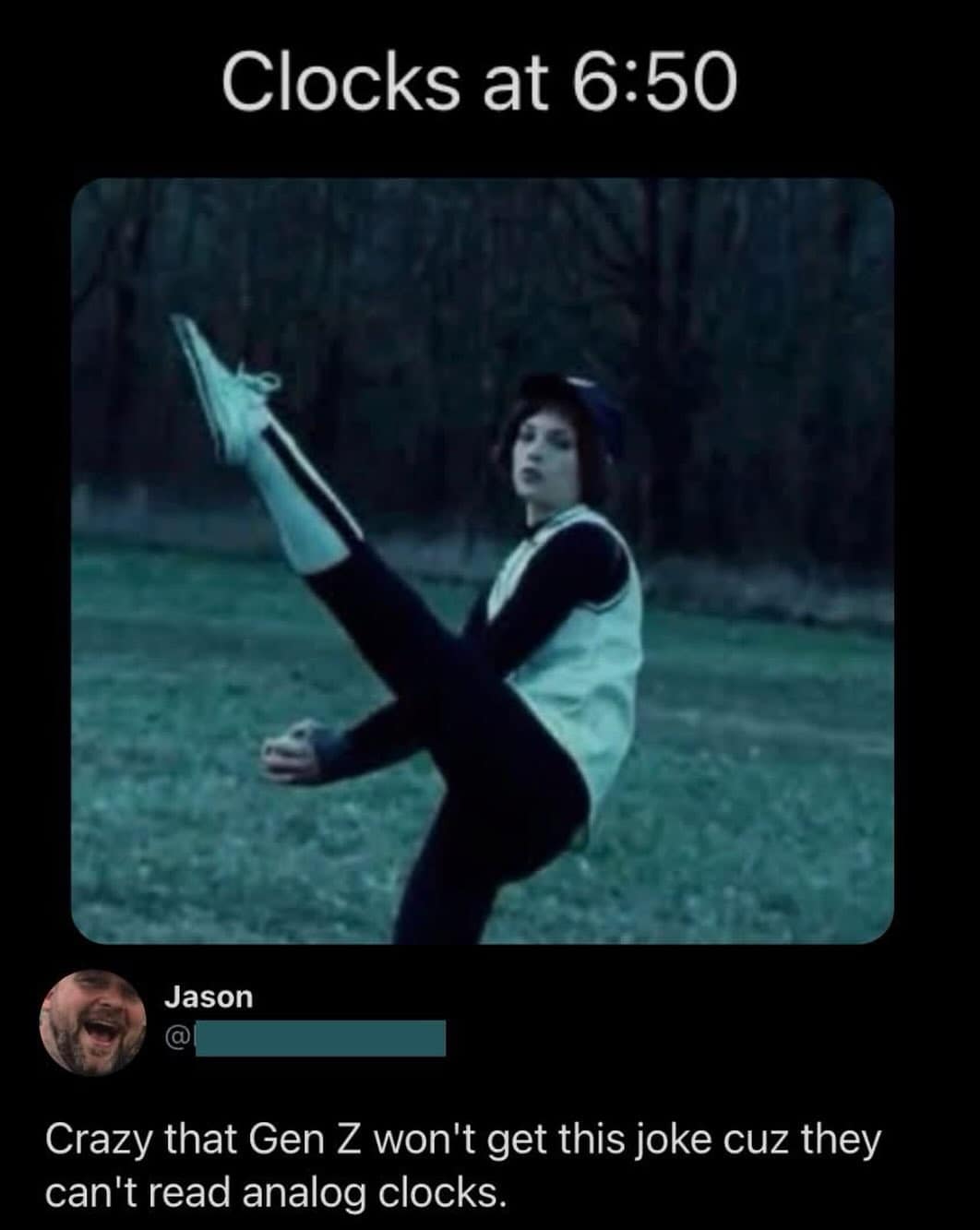 meme dump entry showing a baseball player performing an extreme high-kick that mimics the hands of a clock. The top text reads "Clocks at 6:50," while a tweet below jokes that Gen Z won't understand it because they can't read analog clocks.