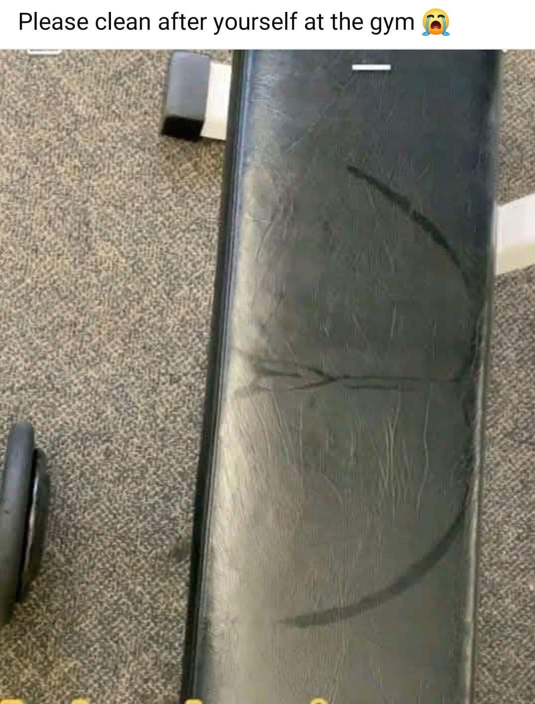 gross-out meme dump photo of a black leather gym bench. A heavy sweat stain is left behind in the unmistakable, detailed shape of someone’s buttocks and lower back. The caption pleads, "Please clean after yourself at the gym 😭."