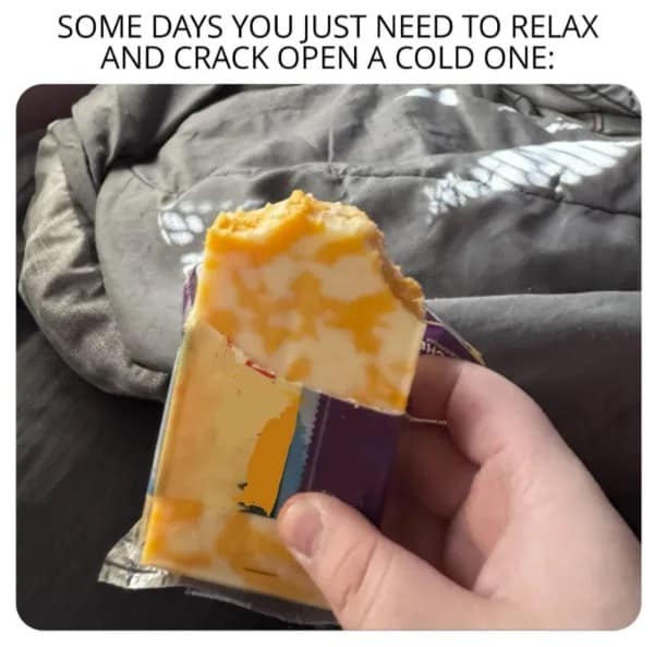 quintessential meme dump post about self-care. It features a hand holding a cold block of Colby Jack cheese with a massive bite taken out of the corner. The caption reads: "SOME DAYS YOU JUST NEED TO RELAX AND CRACK OPEN A COLD ONE:"