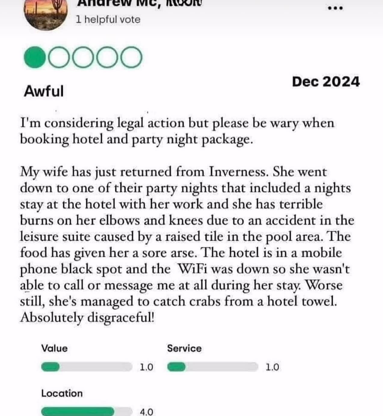 A "cursed" 1-star hotel review that serves as a hilarious meme. A husband complains that his wife returned from a work trip with rug-burned elbows, a "sore arse," and crabs from a "towel," while he completely misses the obvious signs of her infidelity.