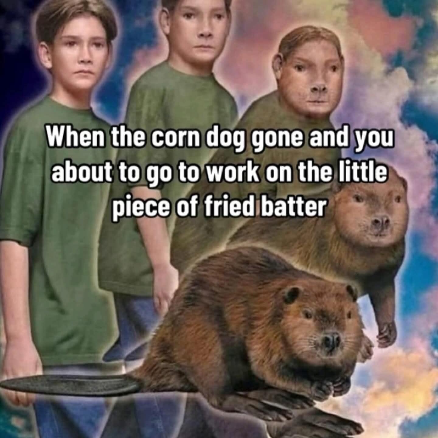 A hilarious meme using the "Animorphs" book cover template. A boy step-by-step transforms into a beaver, captioned: "When the corn dog gone and you about to go to work on the little piece of fried batter."