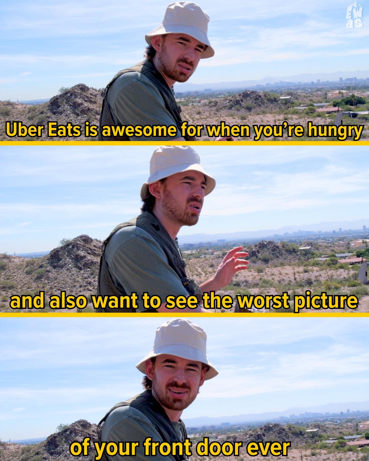 A three-panel hilarious meme featuring a guy in a bucket hat explaining that Uber Eats is for two things: being hungry and wanting to see "the worst picture of your front door ever."