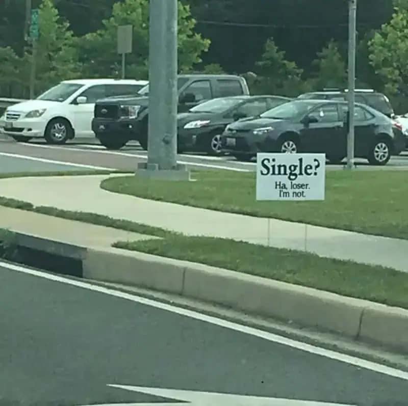 A short and aggressive hilarious meme of a rogue yard sign placed near a parking lot that simply says: "Single? Ha, loser. I’m not."