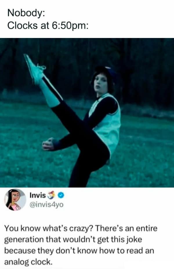 humorous millennial meme showing a baseball player in mid-high kick, where their legs are positioned like hands on an analog clock at 6:50. A tweet reply notes the generational gap, stating that kids today wouldn't get the "6:50pm" joke because they can't read analog clocks.