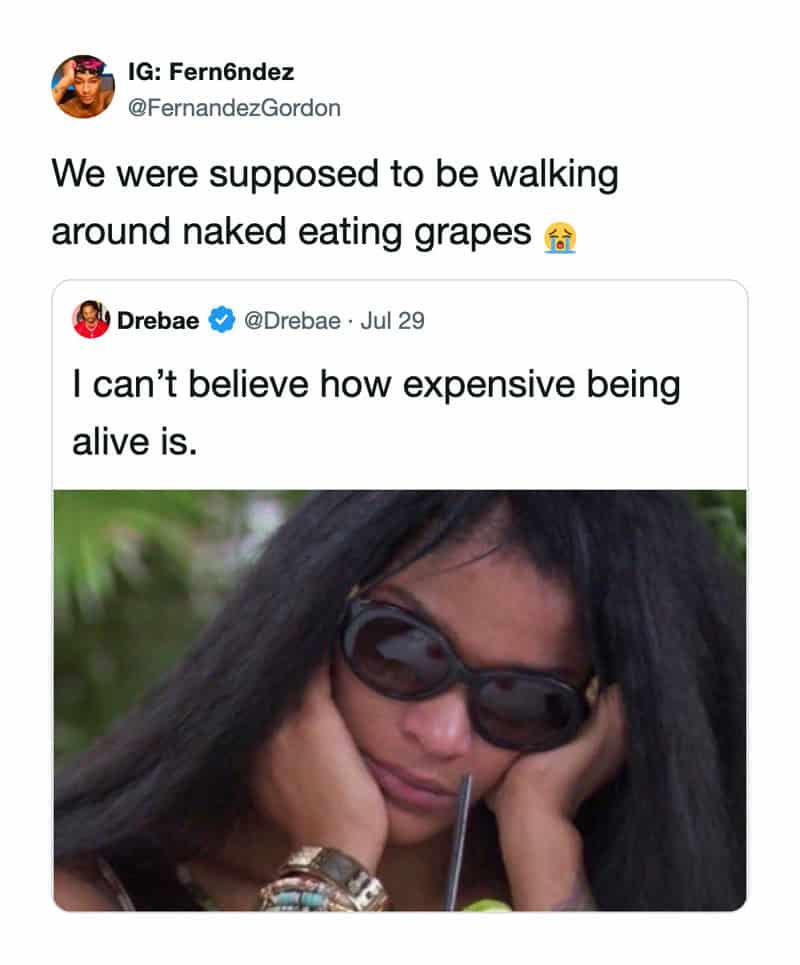 money meme tweet thread. The top user, Fern6ndez, laments "We were supposed to be walking around naked eating grapes" in response to a tweet by Drebae featuring a photo of a woman in sunglasses looking exhausted with the caption "I can't believe how expensive being alive is."