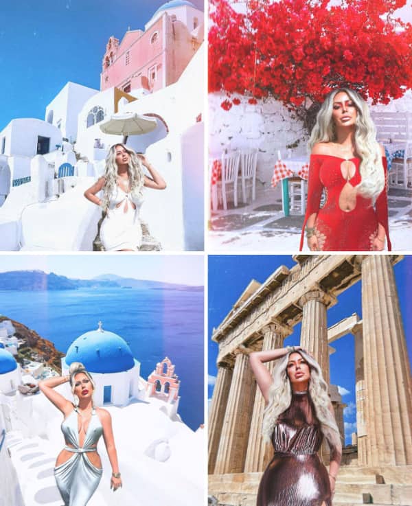 Blonde influencer Photoshopped into four famous Greece travel photos with obvious edits