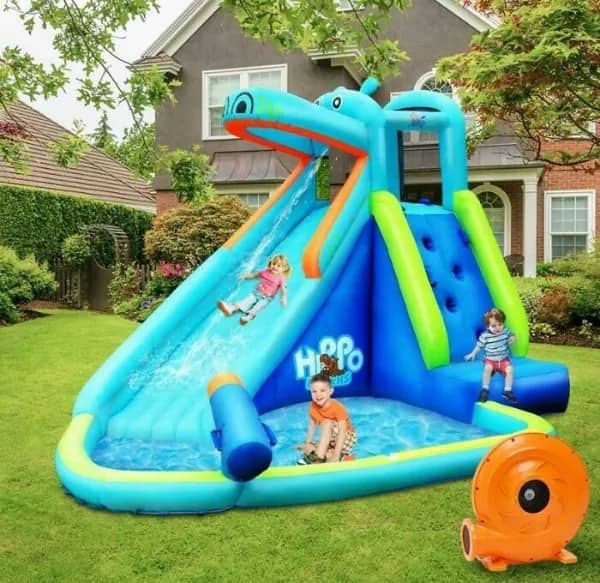 Inflatable hippo water slide product photo featuring obviously Photoshopped children playing