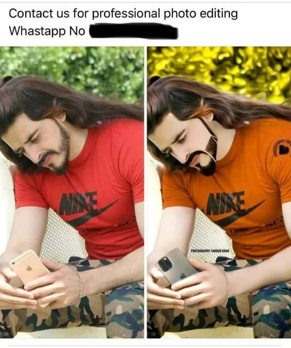 Professional photo editing ad where only the shirt color changed from red to orange